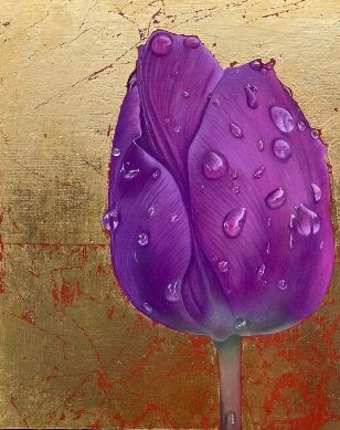 Ginny Page 2023 - Purple Rain - 19,5 x 21,5cm - Oil on Panel w. 24 carat gold leaf